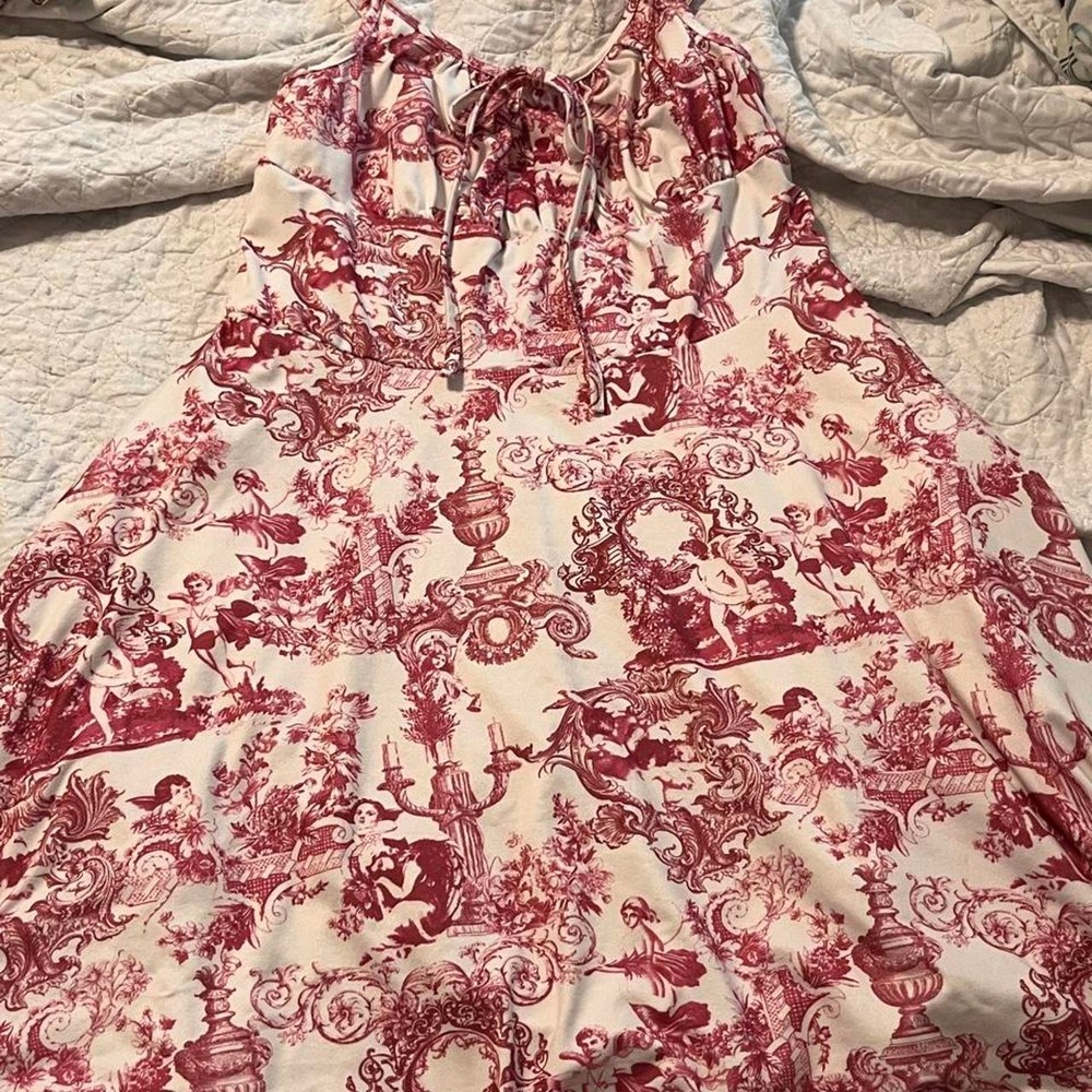 SHEIN Curve Red Toile Cherub Mini Dress Tie Front Coquette Baroque 0XL